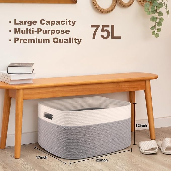 75L Large Blanket Basket, Toy Basket Bin for Kids, Cotton Rope Woven Storage Baskets for Living Room, Bedroom, Nursery, Baby Room Decorative Organizer, 22''×17''×12'', Grey and White