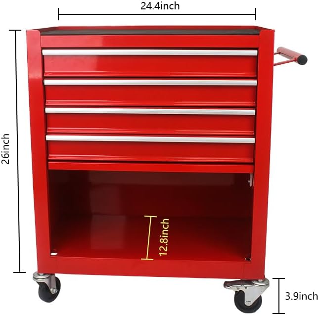 4 Drawers Rolling Tool Chest Cart. Tool Storage Cabinet with 4 Wheels.Tool Cabinet Trolley with Locking System and Drawer Liners.Tool Storage Cart for Garage,Workshop. 24.4" Toolbox Cart(red
