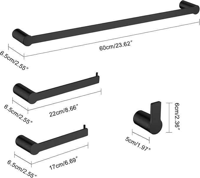 4-Pieces Bathroom Accessories Set, Matte Black Towel Bar Set Modern Stainless Steel Towel Rack Towel Hooks Toilet Paper Holder for Bathroom Wall Mounted, 23 Inch