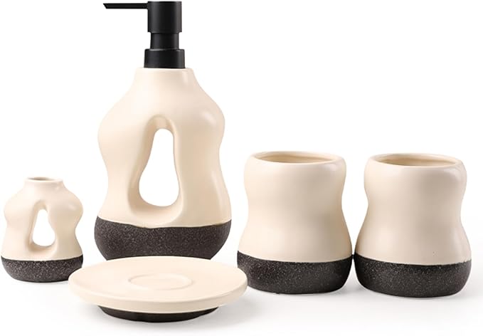 5PCS Bathroom Accessories Set, Two Toothbrush Cups, Soap Dispenser, one Aromatherapy Decorative Cup, and one soap Dish，Bathroom Organizer for Modern Bathrooms
