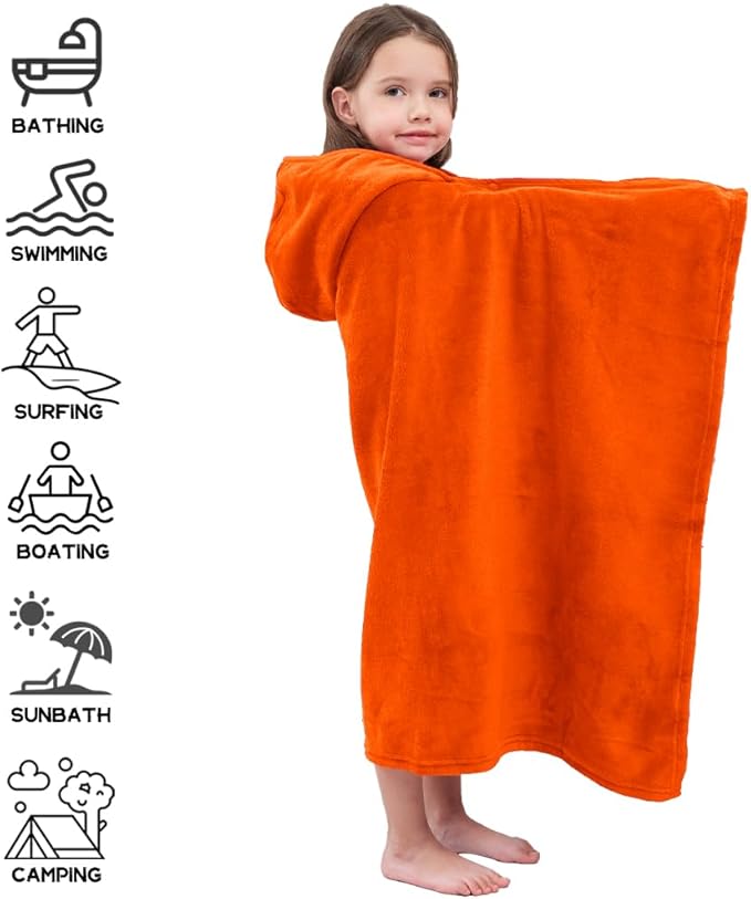 Hiturbo Kids Hooded Bath Towel: Soft Plush Pool Beach Fleece Towel Blanket - 50"x30" Toddler Towels Wrap for Boys Girls 3-12 Years (Orange)