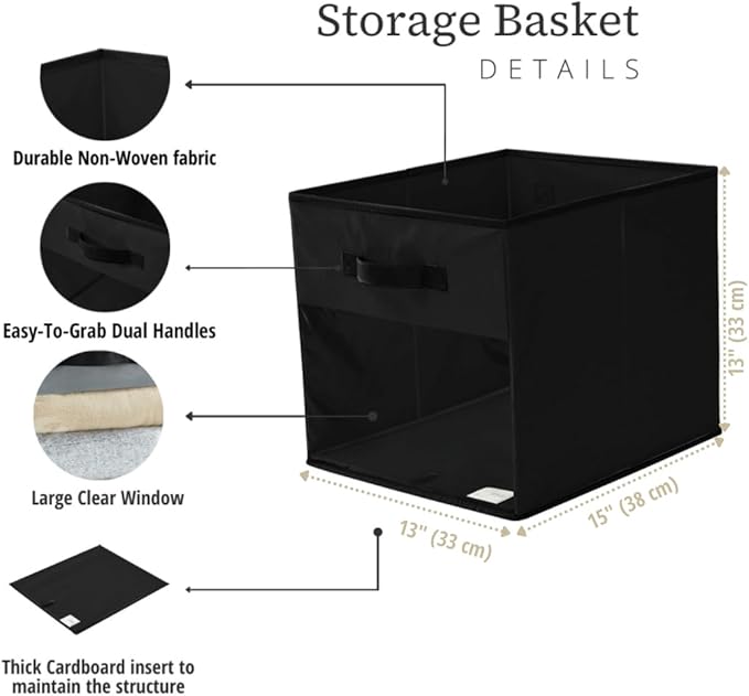 DECOMOMO Kallax Storage Cubes, 13x13x15 Storage Cube Bins with Window, Baskets for Organizing Shelves (Kallax / 4pcs, Black)