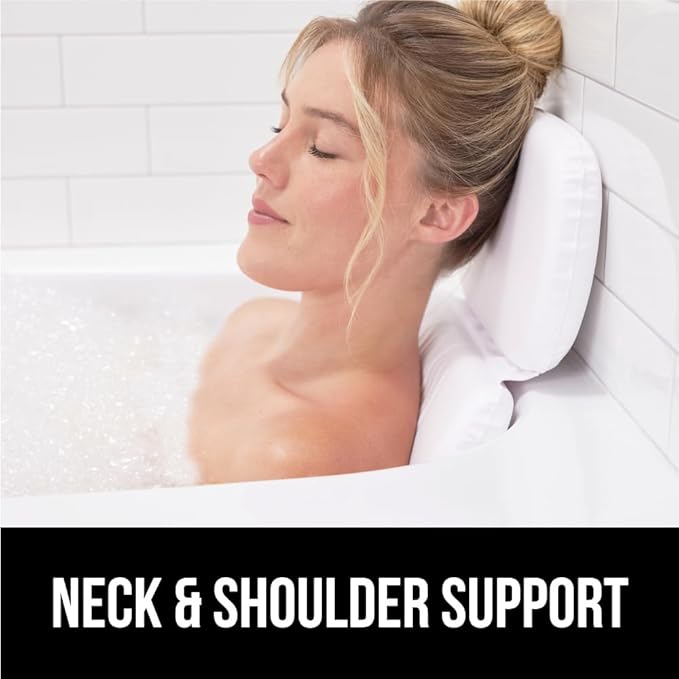 GORILLA GRIP Bath Pillow for Tub, Strong Suction Cups, Luxury Bathtub Pillows, Headrest Neck and Back Support, Relaxing Hot Tub and Home Spa Accessories, Bathroom Essentials, Gifts for Women, XL White