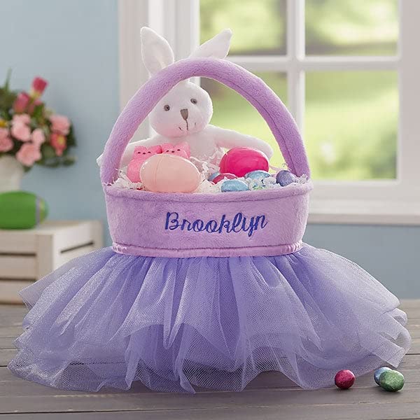 Personalization Universe Purple Tutu Personalized Easter Basket – Custom Kids & Baby Easter Egg Basket – Embroidered Name Plush Easter Basket