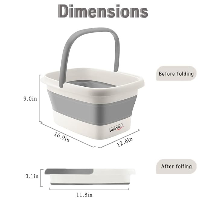 Beinilai Collapsible Foot Bath Basin for Soaking Feet,Foot Soak Tub,Plastic Foot Bucket with Handles and Massage Acupoint,Foldable Laundry Basket-Gery