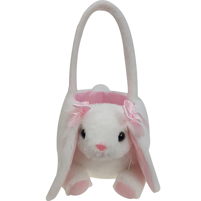 DearSun Exquisite Embroidery ! Personalized Easter Egg Hunting Basket 3D Plush Bunny Basket Candy Gift Bucket with Embroidery Name (White Plush Bunny Basket)