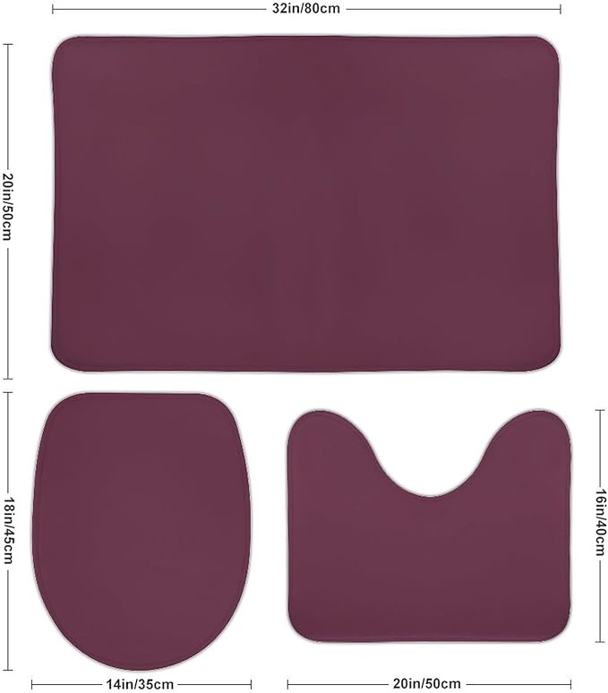 3 Pieces Bath Rug Sets, Plum Purple Color Bathroom Mat Set Non Slip U Shaped Contour Rug & Toilet Lid Cover