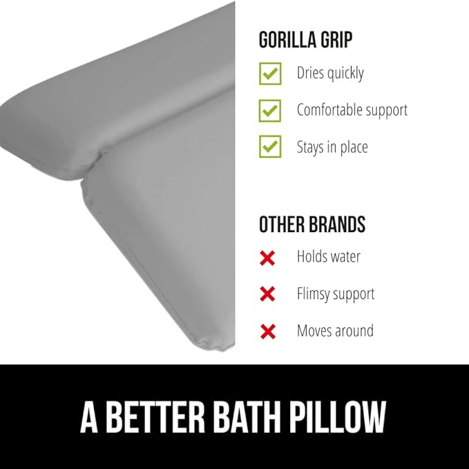 GORILLA GRIP Bath Pillow for Tub, Strong Suction Cups, Luxury Bathtub Pillows, Headrest Neck and Back Support, Relaxing Hot Tub and Home Spa Accessories, Bathroom Essentials, Gifts for Women, XL Gray