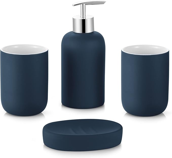 Hoomtaook Bathroom-Accessory Sets, 4 Pieces Ceramic, Including Soap Dispenser Pump, Tumbler, Soap Dish(Blue)