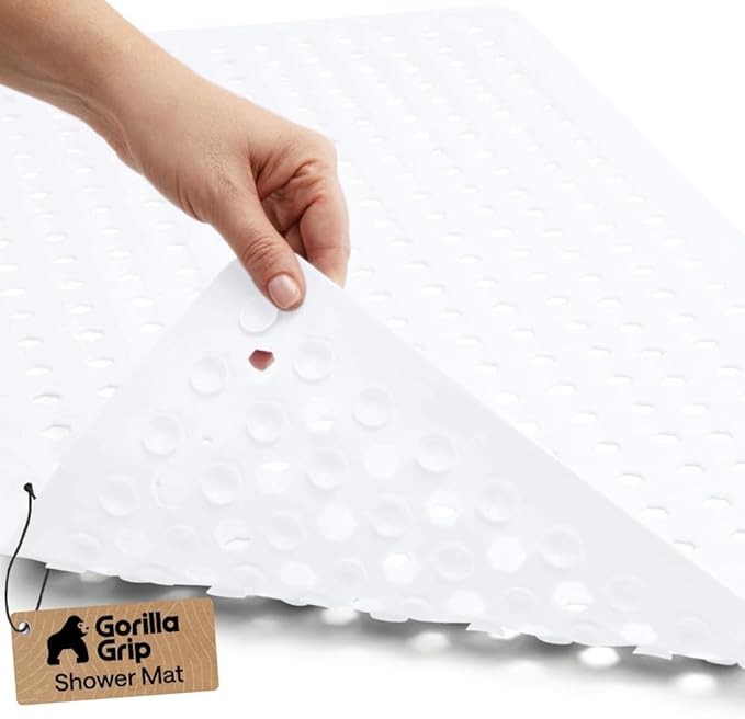 GORILLA GRIP Patented Bath Tub Shower Mat, Machine Washable Bathtub Floor Liner Mats, Suction Cups and Drain Holes to Keep Tubs Clean, Soft on Feet, Bathroom Essentials, 35x16 Inch, White