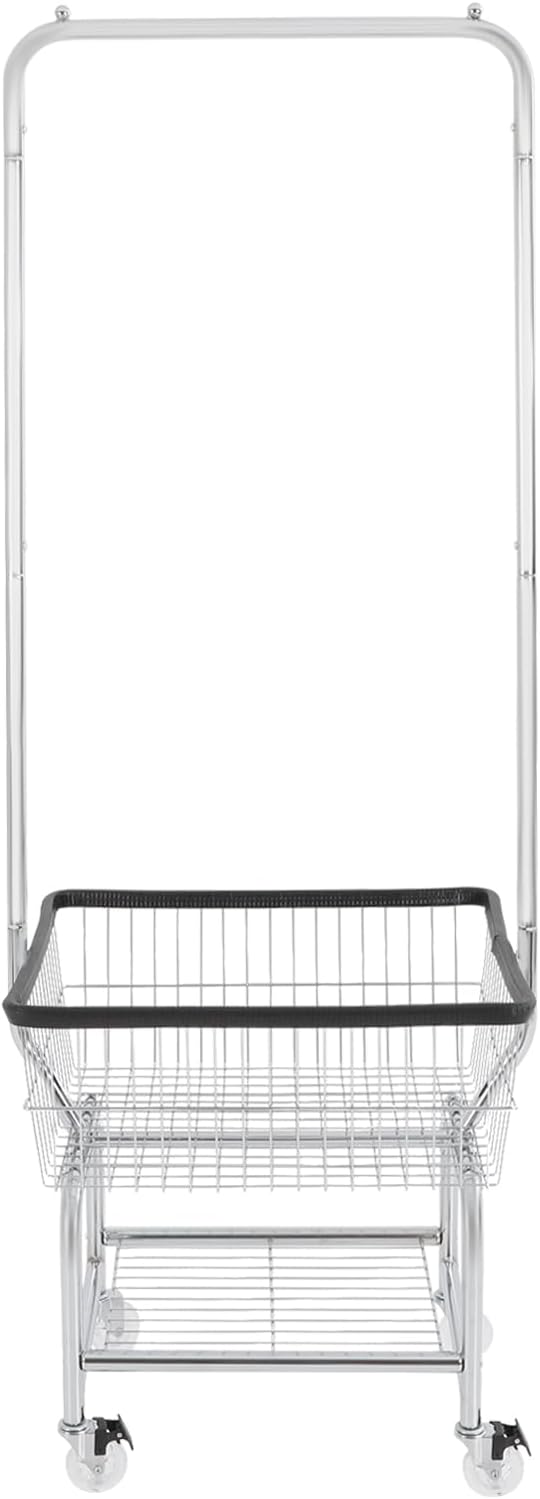 Laundry Cart,Steel Wire Laundry Cart,Laundry Basket With Wheels,Commercial Laundry Basket Cart Heavy Duty with Rod Rack 19.69x15.75x70.87in (E)