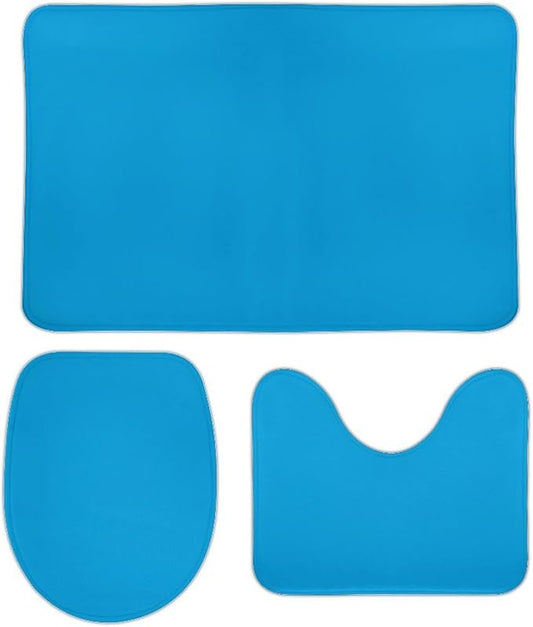 3 Pieces Bath Rug Sets, Sky Blue Trend Color Bathroom Mat Set Non Slip U Shaped Contour Rug & Toilet Lid Cover