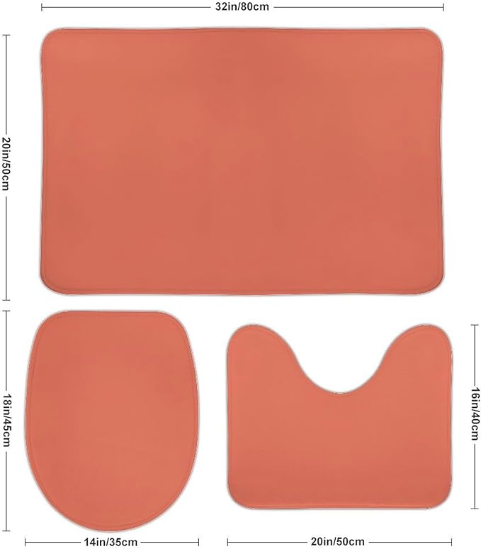 3 Pieces Bath Rug Sets, Solid Terracotta Bathroom Mat Set Non Slip U Shaped Contour Rug & Toilet Lid Cover