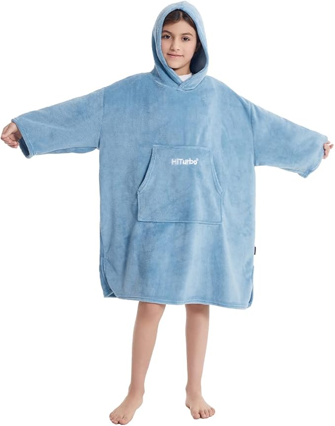 Hiturbo Kids Towel Changing Robe: Soft Plush Wearable Blanket - Warm Coral Fleece Hoodie - Swim Surf Poncho for 5-12 Years (Blue)