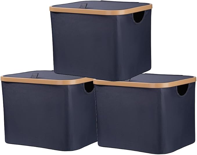 50L Foldable Laundry Basket,Versatile Storage Basket with Bamboo Borders for Bedroom,Office,Dorm.Great for Use as a Hamper with Lid, Towel Hamper for Wet Towels,Grey,Covered,3 Pack