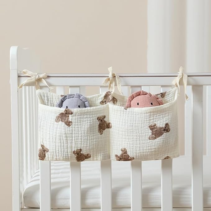 2Pcs White Bedside Hanging Bags Milk Bottle Bib-Storage Crib Organizer Baby Nappy-Dormitory Bed-Bunk Organizing Bag Nappy- Organizer, Little Bear Nursery Hanging Organizers