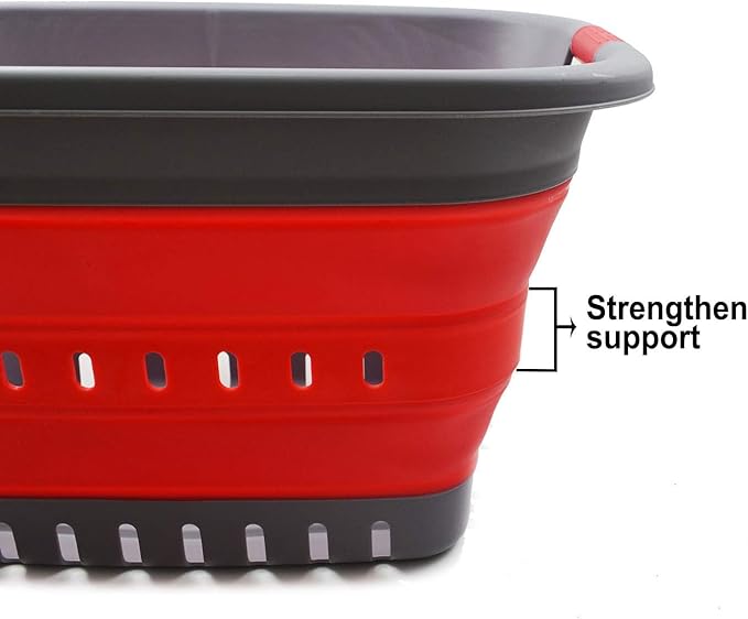 SAMMART 37L (9.77 gallon) Collapsible Plastic Laundry Basket - Foldable Pop Up Storage Container/Organizer - Space Saving Hamper/Basket (1, Grey/Red)