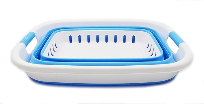 SAMMART 37L (9.77 gallon) Collapsible Plastic Laundry Basket - Foldable Pop Up Storage Container/Organizer - Space Saving Hamper/Basket (1, White/Marine Blue)