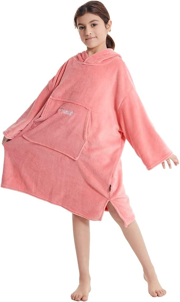 Hiturbo Kids Towel Changing Robe: Soft Plush Wearable Blanket - Warm Coral Fleece Hoodie - Swim Surf Poncho for 5-12 Years (Pink)