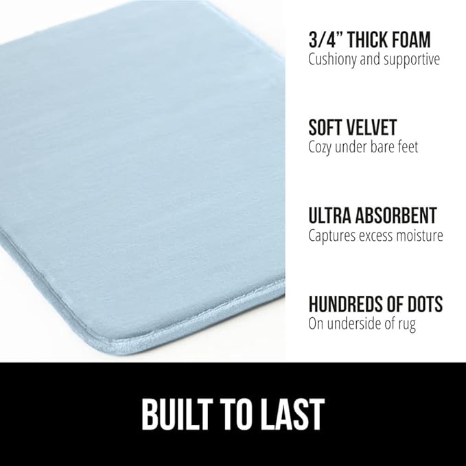 GORILLA GRIP Memory Foam Bath Rugs, Soft Absorbent Velvet Bathroom Mats, Durable Dots on Underside, Machine Washable Bathmat, Carpet Rug Room Decor for Shower Floor, 30x20 Mat, Light Blue