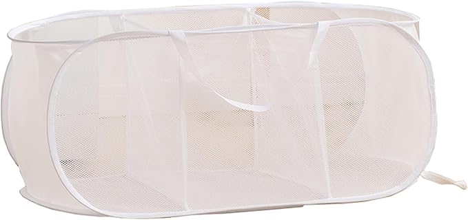 Mesh Laundry Hamper Basket, Sturdy 3 Compartments Laundry Basket, Foldable Pop up Laundry Hamper with Side Pocket for Laundry Room, Bathroom, Kids Room, College Dorm or Travel, White