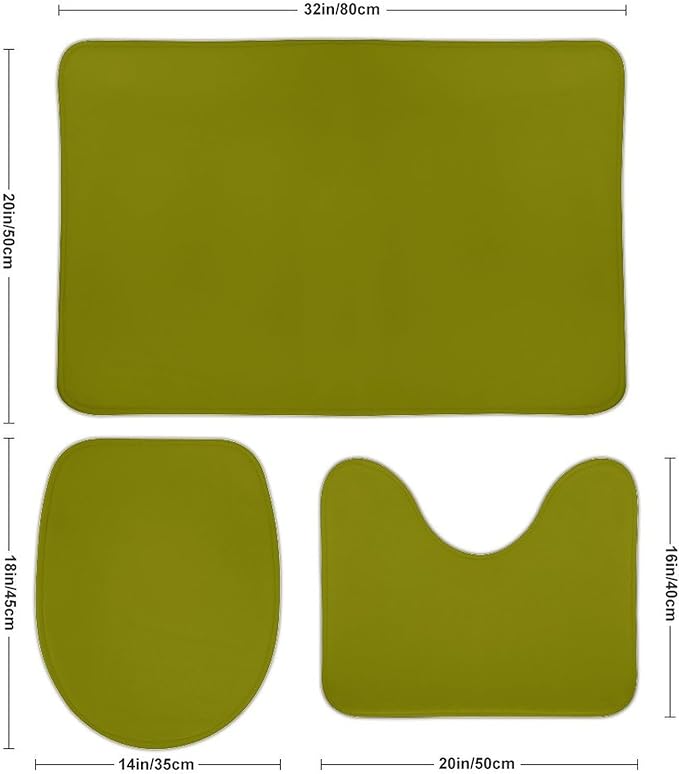 3 Pieces Bath Rug Sets, Olive Green Color Bathroom Mat Set Non Slip U Shaped Contour Rug & Toilet Lid Cover