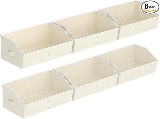 Storage Bins for Shelves - Large Trapezoid Closet Shelf Organizer, Fabric Organization Bins with Handles, Storage Baskets for Clothes, Towel, Purse, 6 Pack, Beige