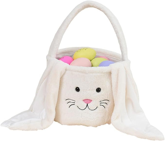 Plush Easter Bunny Basket Bags for Kids, Rabbit Bucket Tote with Long Fluffy Ears, Cute Egg Hunts Party Storage Candy Gifts Carry Bucket Decorations (White)