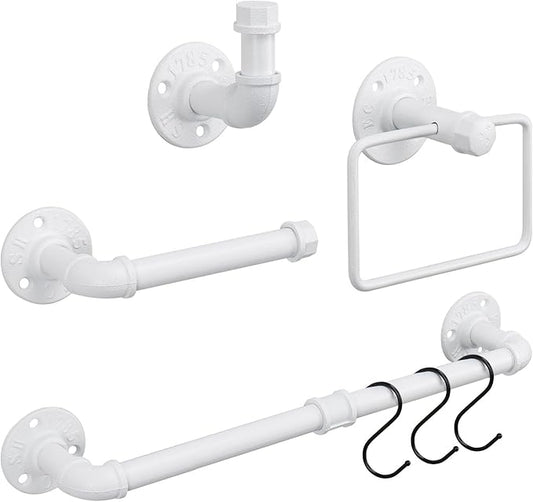 4-Pieces Industrial Pipe Bathroom Towel Ring Kit DIY Wall Mount Accessories Kit Includes Robe Hook Towel Bar and Towel Ring (White 16 inch)