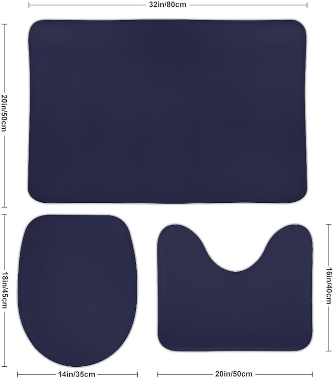 3 Pieces Bath Rug Sets, Navy Blue Modern Bathroom Mat Set Non Slip U Shaped Contour Rug & Toilet Lid Cover