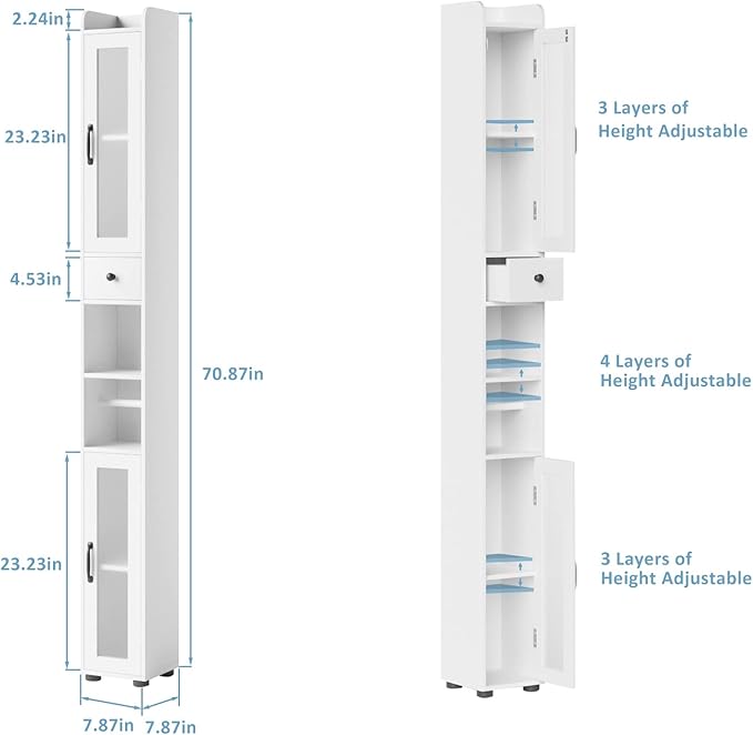 Maupvit Bathroom Storage Cabinet with 2 Frosted Glass Doors, Tall Narrow Storage Cabinet with Doors and Shelves Adjustable, Slim Bathroom Cabinet for Small Spaces, 8 Compartments (White)