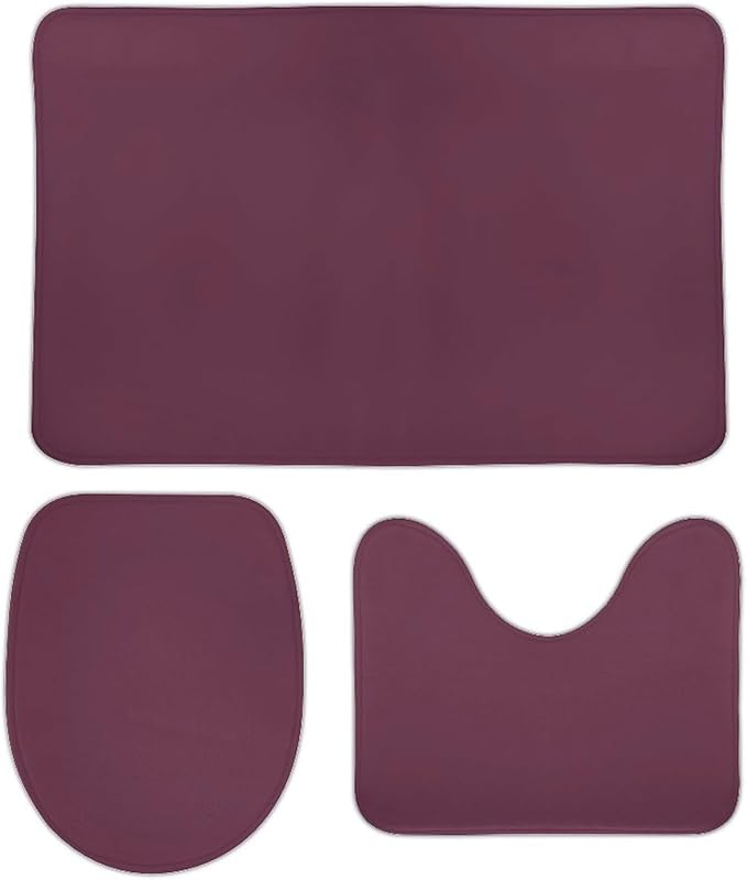 3 Pieces Bath Rug Sets, Plum Purple Color Bathroom Mat Set Non Slip U Shaped Contour Rug & Toilet Lid Cover