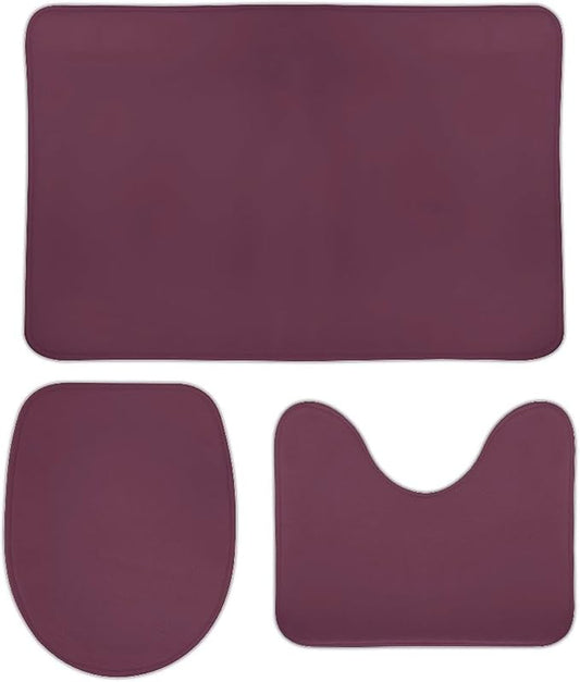 3 Pieces Bath Rug Sets, Plum Purple Color Bathroom Mat Set Non Slip U Shaped Contour Rug & Toilet Lid Cover