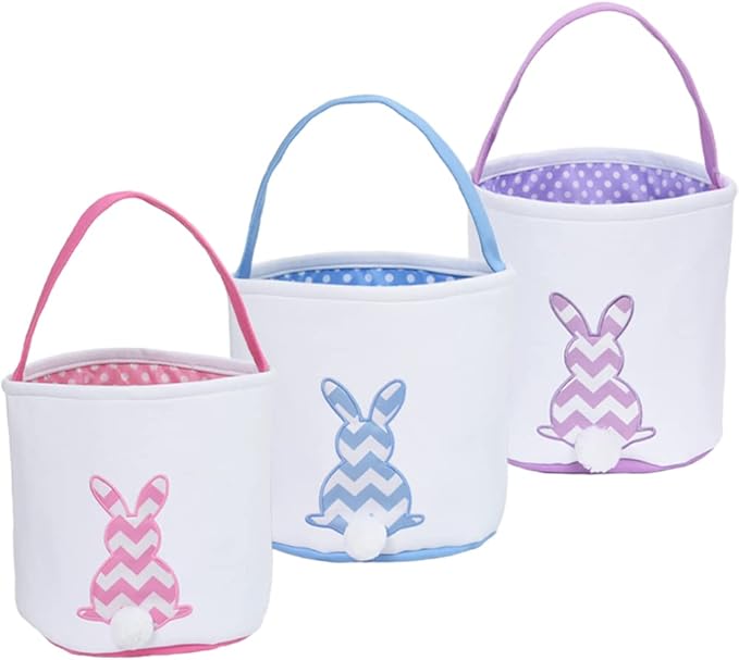 3 PCS Easter Bunny Basket - Canvas Cotton Easter Eggs Basket with Fluffy Tails - Perfect for Girls & Boys Easter Egg Hunts - Easter Baskets for Kids (Pink, Purple, Blue)