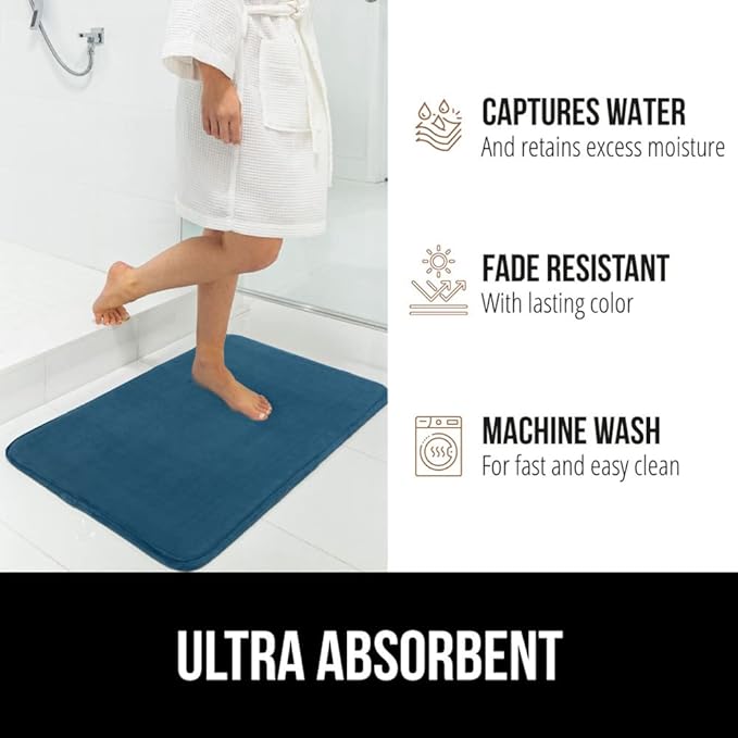 GORILLA GRIP Memory Foam Bath Mat, Soft Absorbent Velvet Bathroom Mats, Durable Dots on Underside, Machine Washable Bathmat, Carpet Rug Room Decor for Shower Tub Floor RV, 30x20 Rugs, Blue