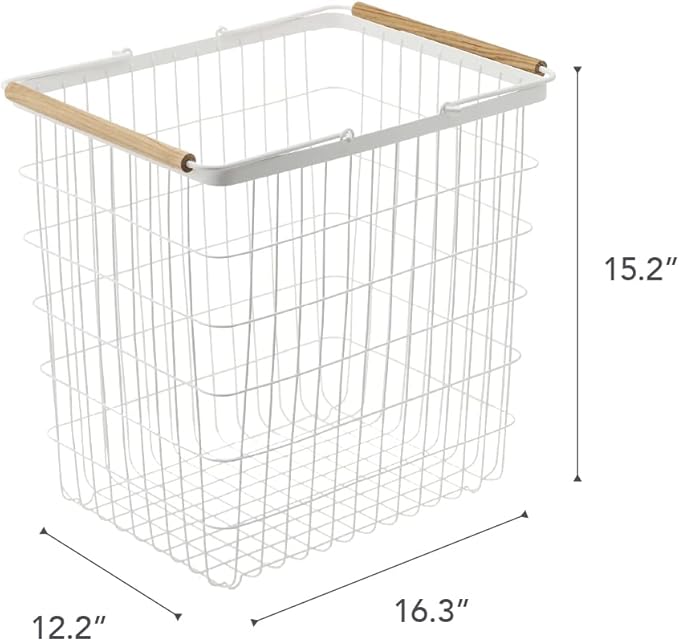 Yamazaki Home Tosca Laundry Basket - Laundry Basket With Wooden Handles - Large, 15" - Steel + Wood - 8.7 Gallons, 33 Liters