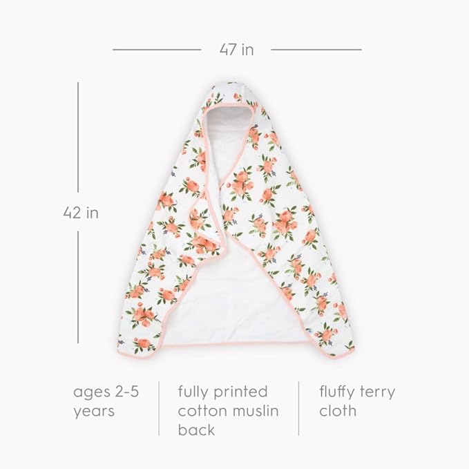 Little Unicorn Hooded Bath Towel | Absorbent Cotton & Terry Blend | Larger Size for Baby & Toddlers, 1-6 Years (Watercolor Roses)