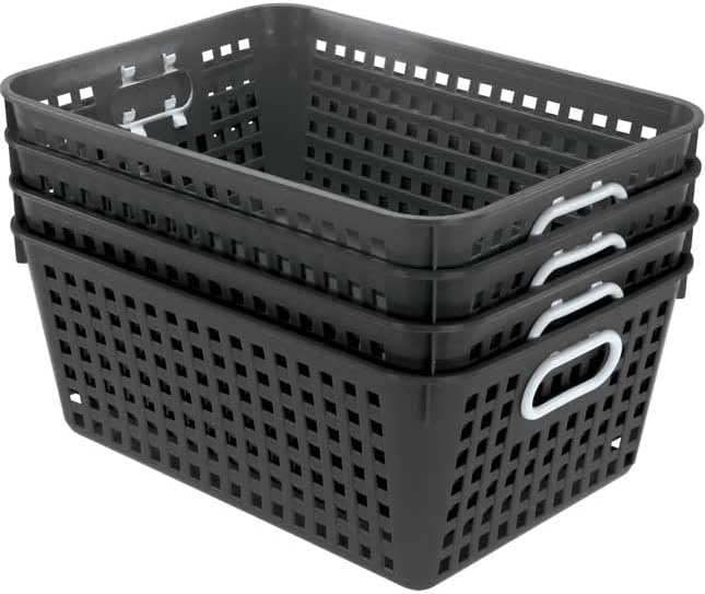 Really Good Stuff Large Plastic Book Baskets, 13.25" x 10" x 5.5", 4 Pack, Black, Classroom Library Organizers, Toy Storage, Multi-Purpose