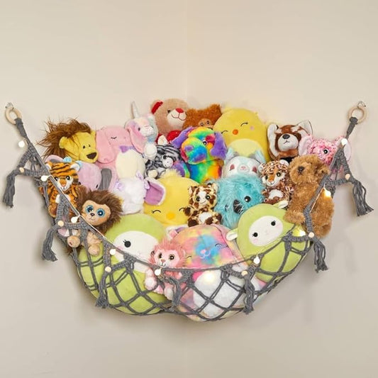Lilly's Love Stuffed Animal Storage Macrame Hammock w/String Lights - Large, 2 Pack - Boho Decor Toy Storage - Corner Hanging Plushie Stuffed Animal Net Organizer (Grey)