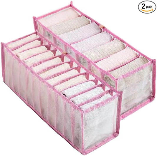 HSLFUAI Pack of 2 Mesh Drawer Organizer Underwear Drawer Organizer Socks Compartment Storage Mesh Clothing Sorting Drawer Divider Organizer (Pink-7S-11S-2PCS)