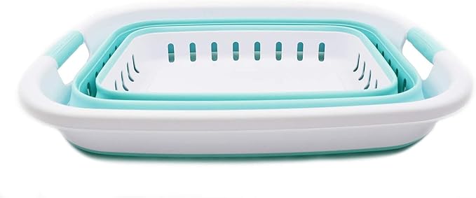 SAMMART 37L (9.77 gallon) Collapsible Plastic Laundry Basket - Foldable Pop Up Storage Container/Organizer - Space Saving Hamper/Basket (1, White/Lake Green)