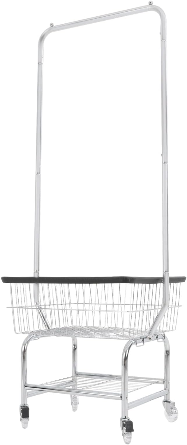 Laundry Cart,Steel Wire Laundry Cart,Laundry Basket With Wheels,Commercial Laundry Basket Cart Heavy Duty with Rod Rack 19.69x15.75x70.87in (E)