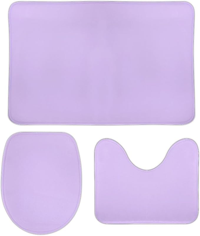 3 Pieces Bath Rug Sets, Light Lavender Trend Color Bathroom Mat Set Non Slip U Shaped Contour Rug & Toilet Lid Cover