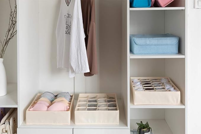 ALYER Collapsible Fabric Drawer Organizer Divider,Closet Storage Box Bins Containers for Panties,Underwear, Ties,Bras, Socks, Lingerie (Beige-24 Cells)
