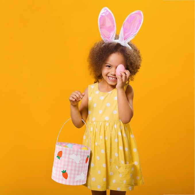 Easter Bunny Basket for Kids,Cute Easter Bucket Bags with Rabbit Ears for Easter Eggs Hunting,Easter Decorations,Candy Gifts Storage (Pink Gingham)