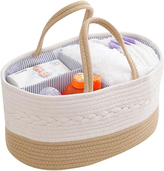 Diaper Caddy Organizer, Large Cotton Rope Nursery Basket, Changing Table Baby Diaper Storage Portable Car Organizer with Removable Divider