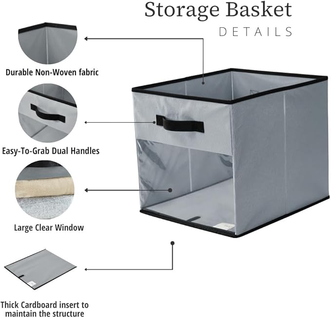 DECOMOMO Kallax Storage Cubes, 13x13x15 Storage Cube Bins with Window, Baskets for Organizing Shelves (Kallax / 4pcs, Grey)