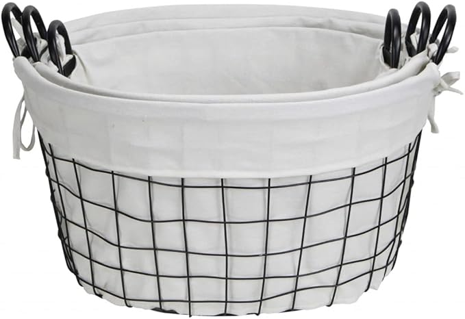 Oval White Lined & Metal Wire Basket with Handle - Set of 3