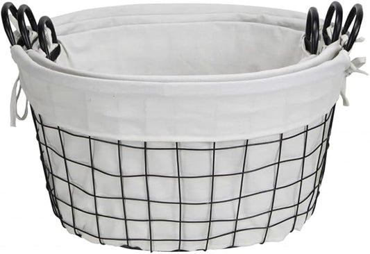 Oval White Lined & Metal Wire Basket with Handle - Set of 3