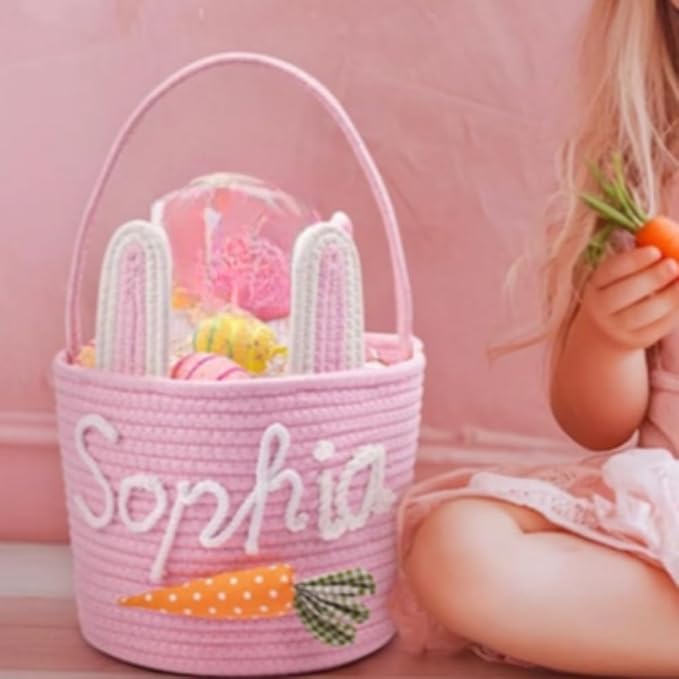 Personalized Easter Basket for Kids, Custom Name Easter Bunny Basket, Easter Egg Hunt Basket, Easter Bucket, Boy Girls Easter Basket (26x20x6cm)